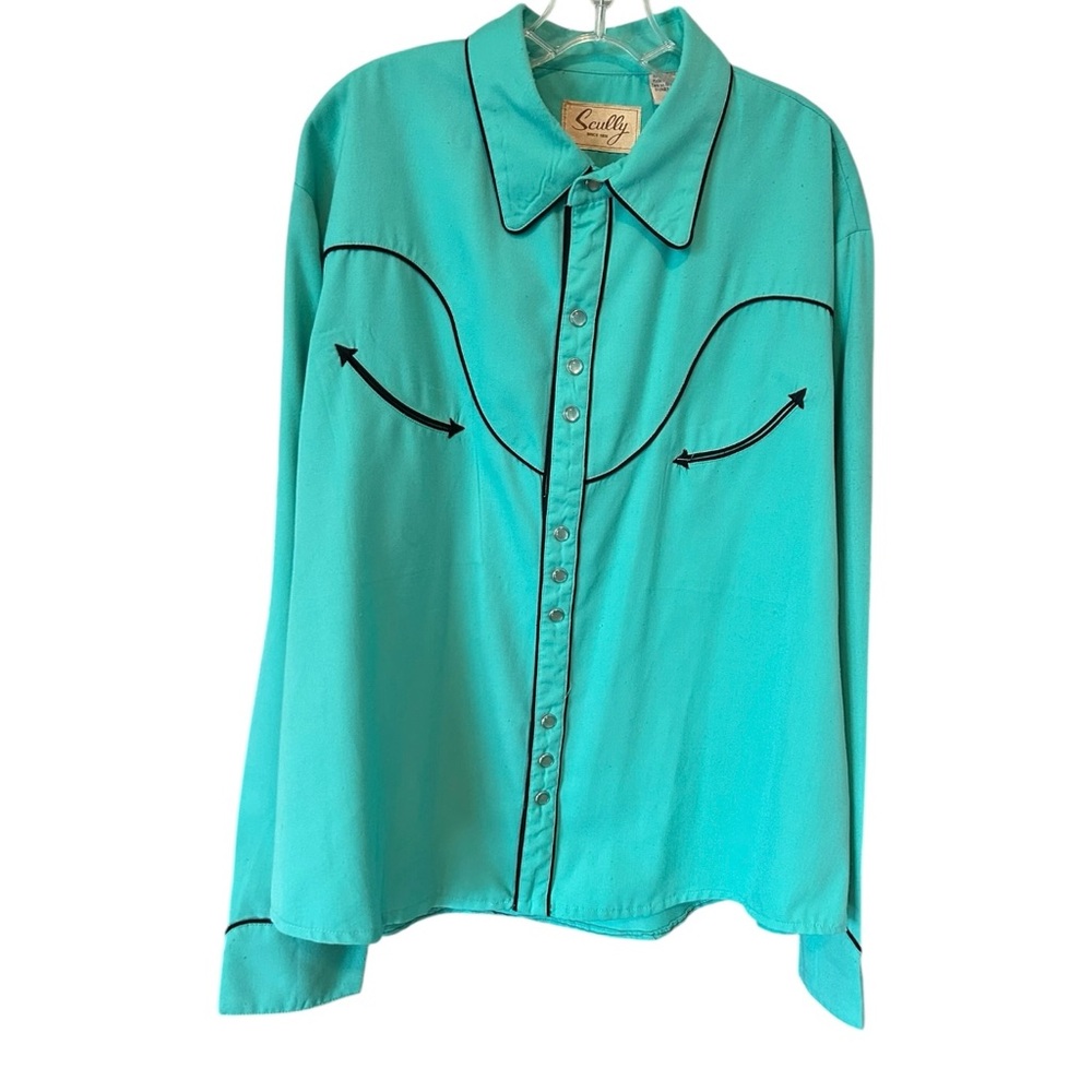 VTG Scully Men's Western Rodeo Shirt Sz XL Turquoise Black Piping Snap Buttons